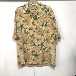 Jamaica Jaxx Aloha Hawaiian Gold Floral Print Silk Short Sleeve Button Up Large